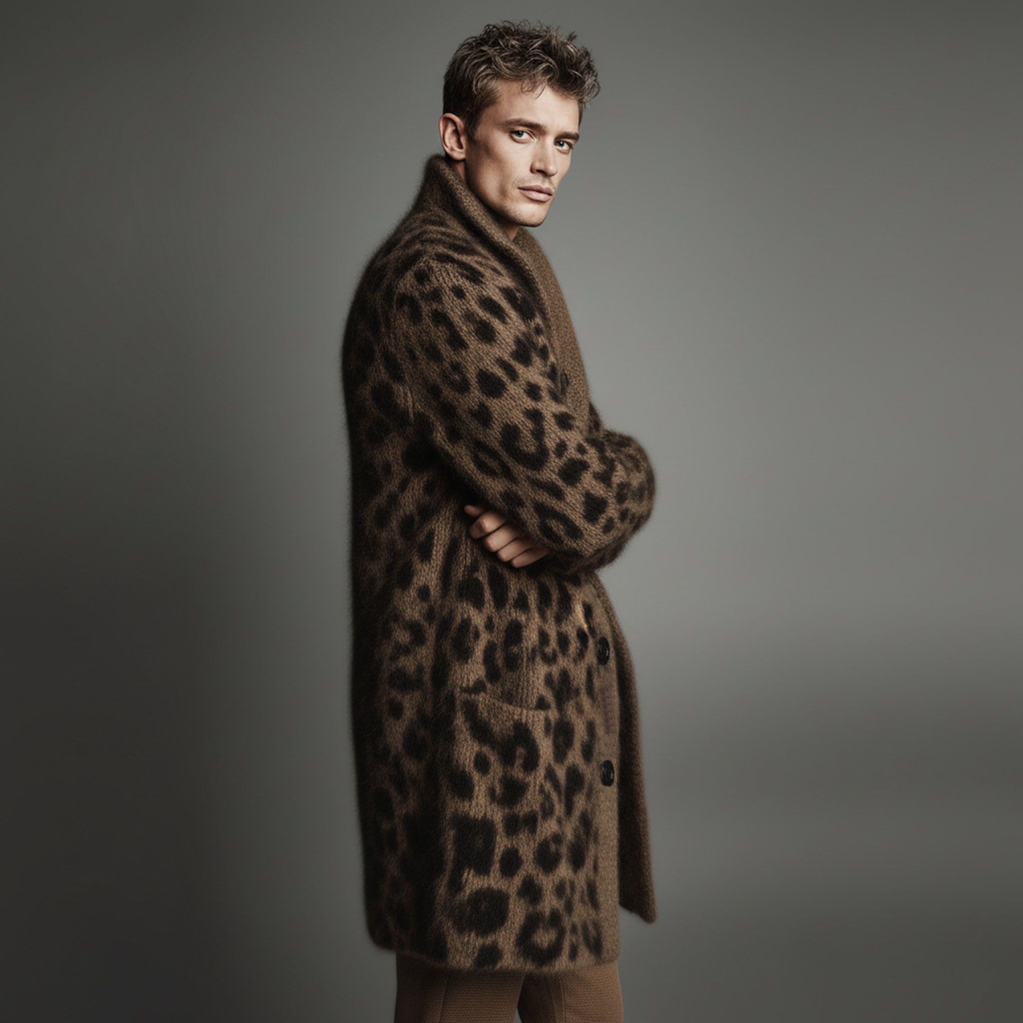 Men's Classic Casual Stand-up Collar Leopard Print Thigh-length Knitted Cardigan MTA1697J6K