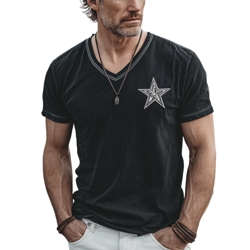 Men's Spring And Summer Casual Cotton Blended Print Slim Fit V-Neck Short Sleeve T-Shirt MTA0517G4K