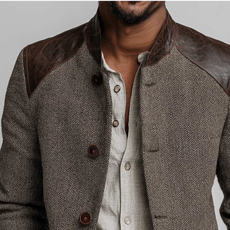 Men's Retro Casual Herringbone Tweed Patchwork PU Stand Collar Button Jacket MTA0197K0TO