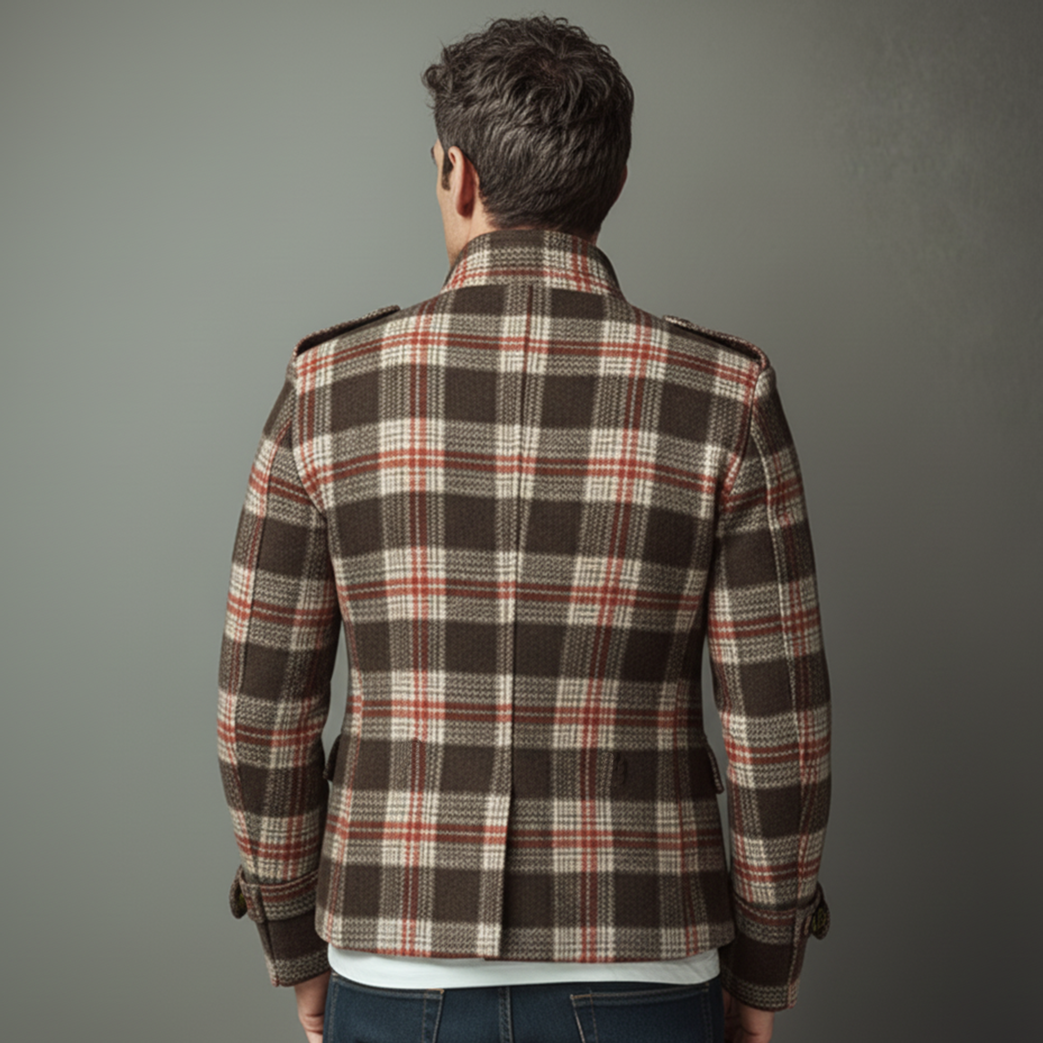 Men's Classic Retro Stand Collar Plaid Faux Woolen Slim Jacket MTA2982I9K