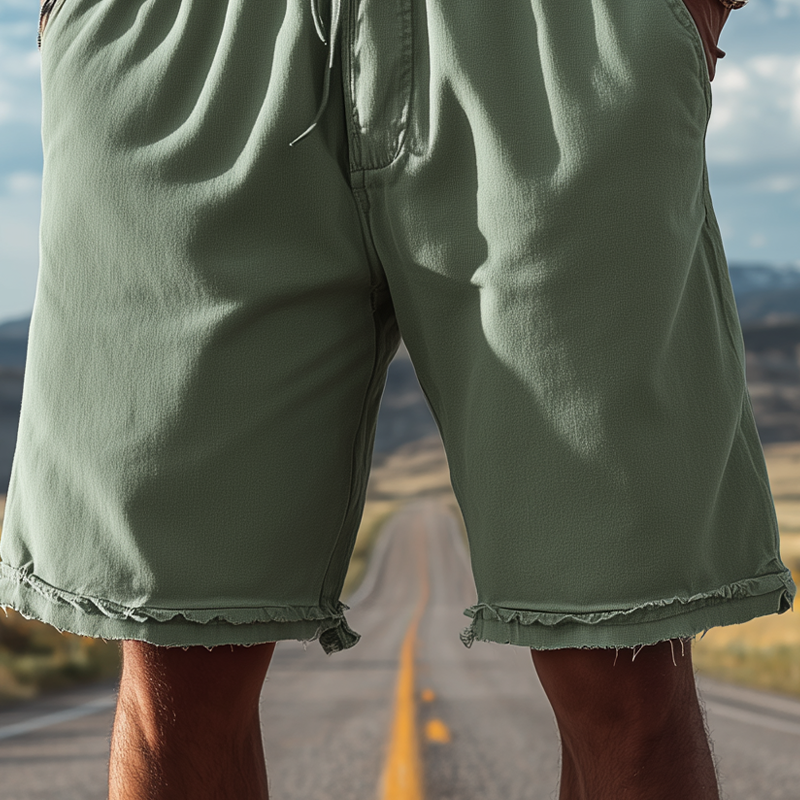 Men's Classic Casual Cotton Blend Washed Trousers With Raw Edges And Elastic Waist Shorts MTA1506G5K
