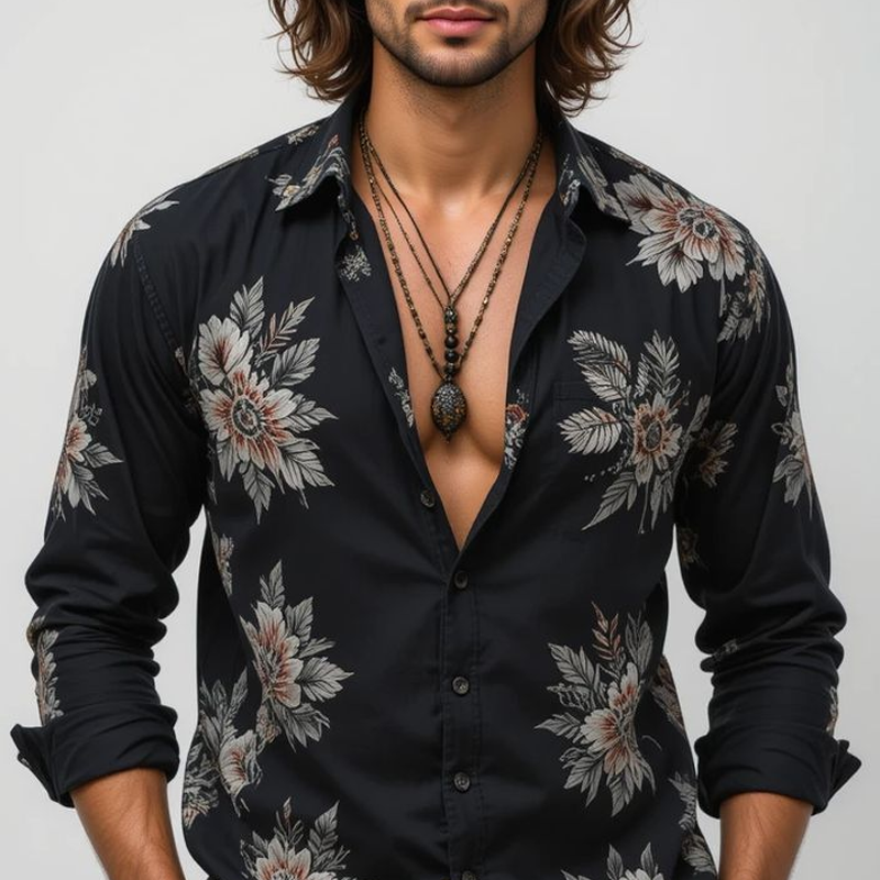 Men's Floral Lapel Long Sleeve Shirt MTA3047G7Z