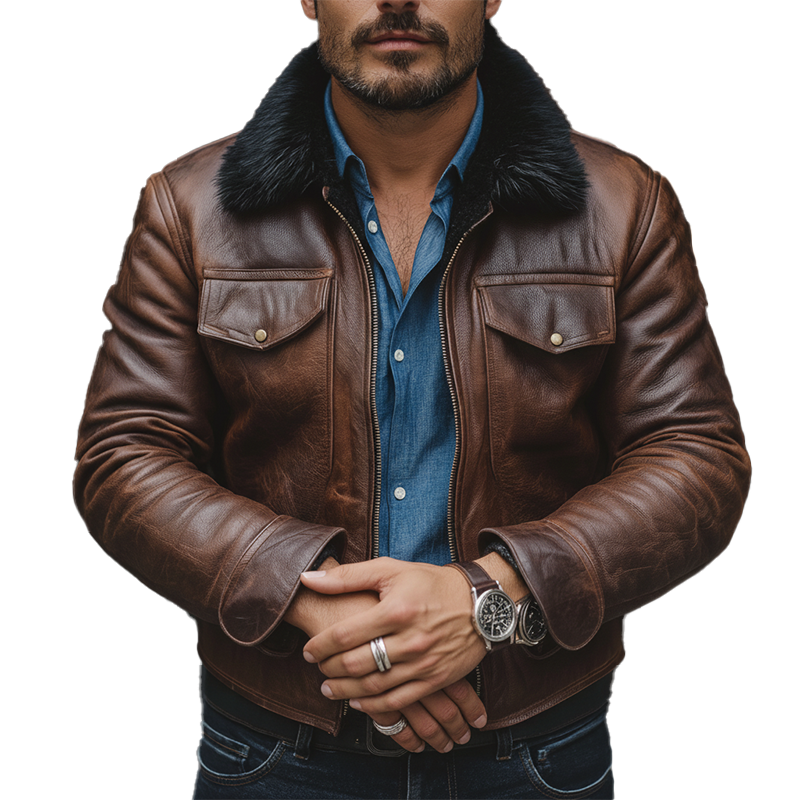 Men's Winter Retro Faux Leather Faux Fur Collar Zipper Jacket MTA2660K1P