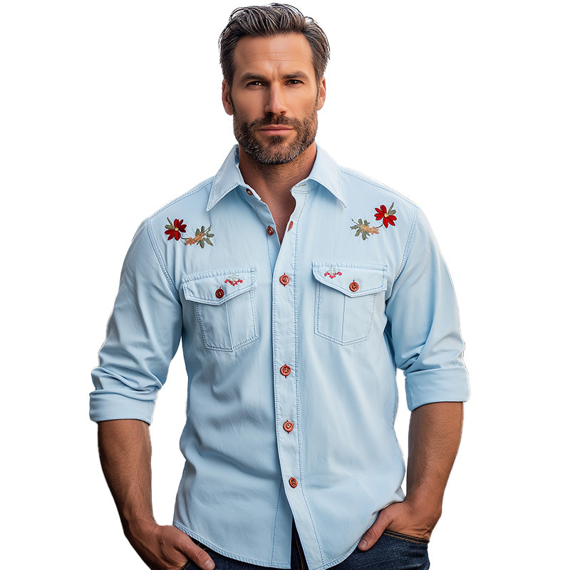 Men'S Summer Fashion Embroidered Long Sleeve Denim Shirt MTA1360E9P