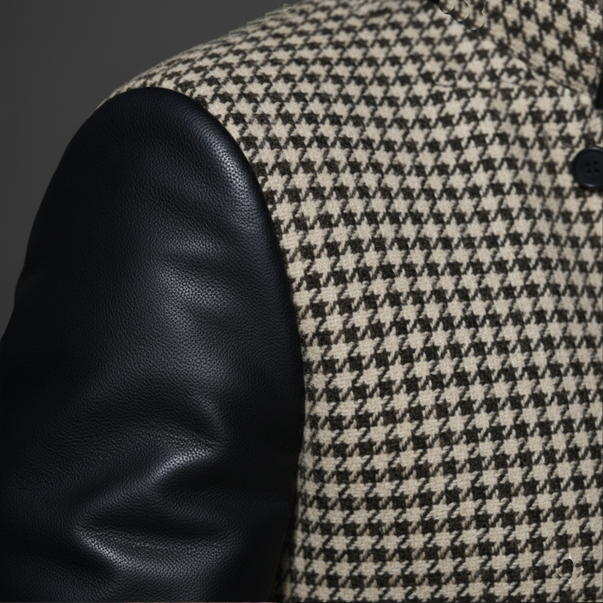 Men's Classic Retro Sleeves Stitching PU Leather Stand Collar Faux Houndstooth Woolen Jacket MTA2850I6K