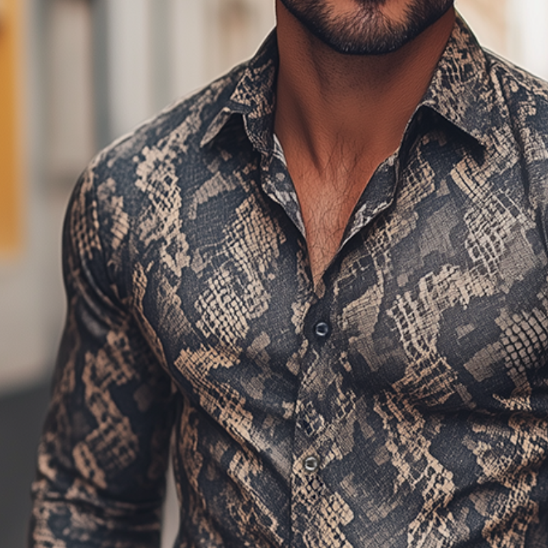 Men's Retro Casual Rock Cowboy Python Print Lapel Long Sleeve Shirt MTA1932H0TO