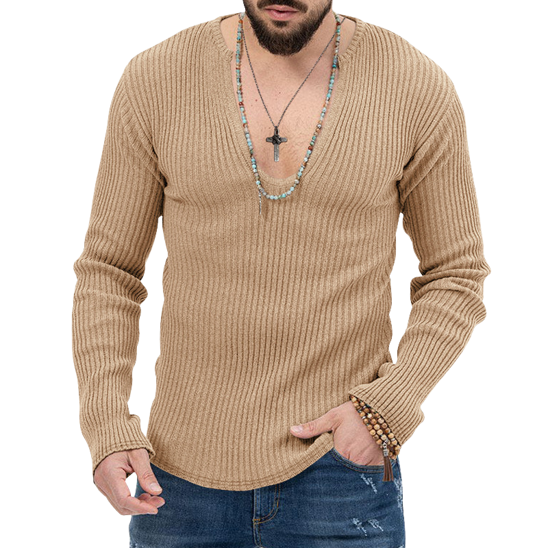 Men's Classic Casual Slim Ft Deep V-neck Striped Long-sleeved T-shirt 17230163K