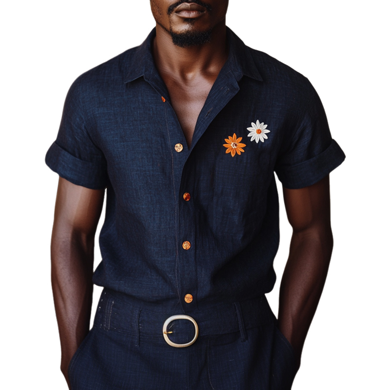 Men's Casual Daisy Embroidery Linen Lapel Slim Fit Short Sleeve Shirt MTA0807E6M