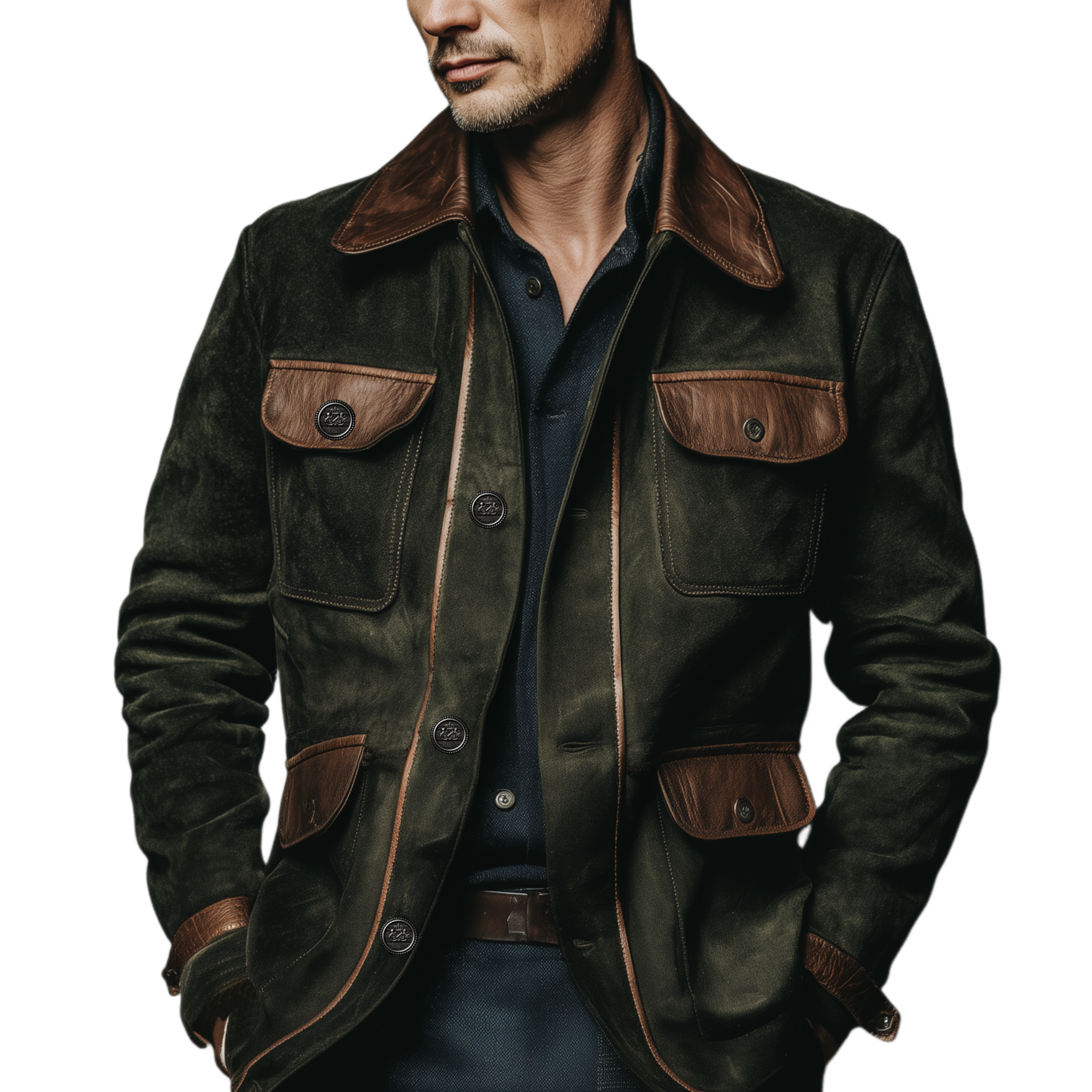Men's Classic Casual Pocket And Collar Stitching PU Leather Multi-pocket Faux Suede Jacket MTA1354J8K