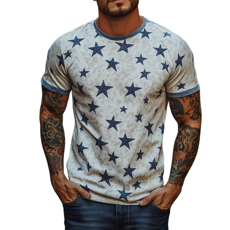 Men's Retro Star Universe Velvet Stitching Round Neck Short Sleeve T-Shirt MTA2636F3TO