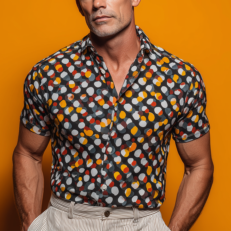 Men's Summer Fashion Polka Dot Printed Cotton Blended Short Sleeve Shirt MTA1157G0P