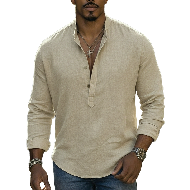 Men's Spring Fashion 100% Cotton Long-Sleeve Henley Shirt MTZ2224A5P