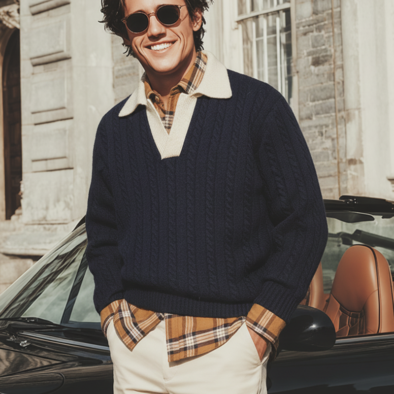 Men's Autumn And Winter Fashion Cotton Yarn Knitted Contrast Color V-neck Sweater MTA1890I1P
