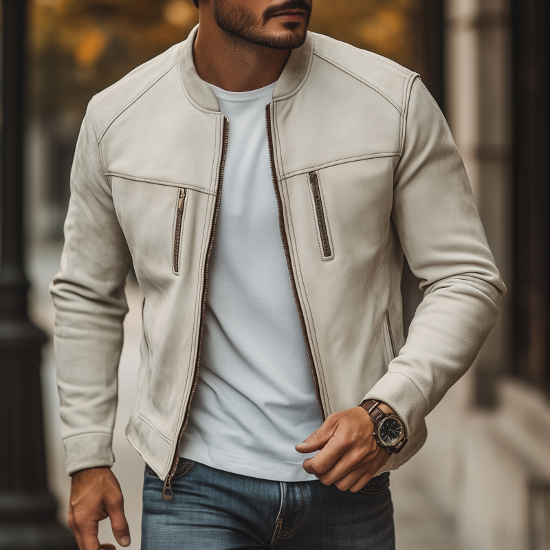 Men's Vintage Solid Color Faux Suede Stand Collar Zipper Placket Slim Fit Jacket MTA0539H2M