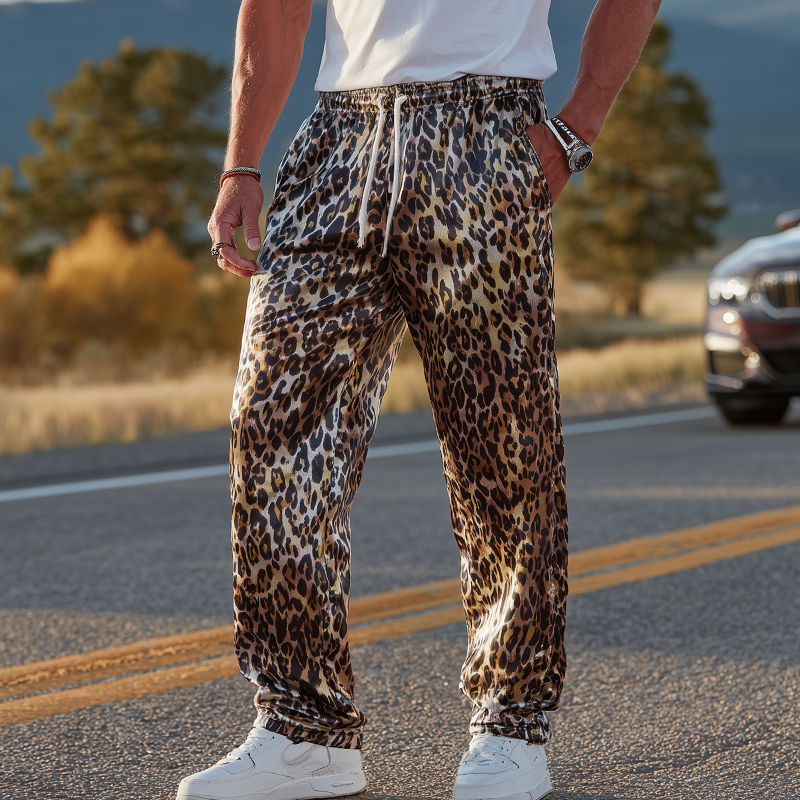 Men's Fashion Casual Leopard Print Satin Elastic Waist Loose Pants MTA1412G5K