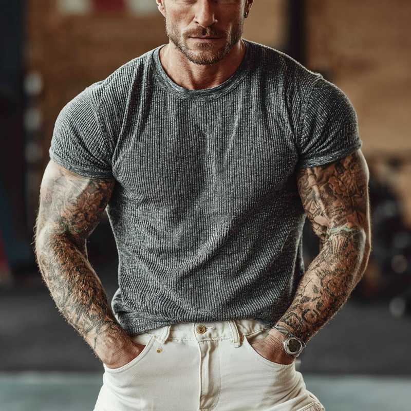Men's Knitted Round Neck Slim Short Sleeve T-shirt MTA0781G4X