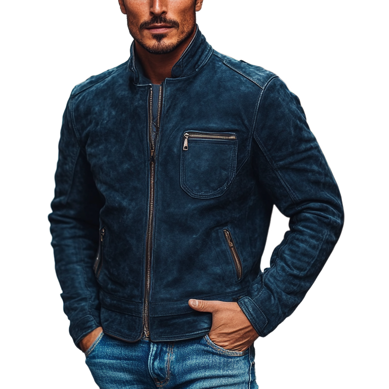 Men's Vintage Faux Suede Stand Collar Zip-Up Jacket MTA0109I0X
