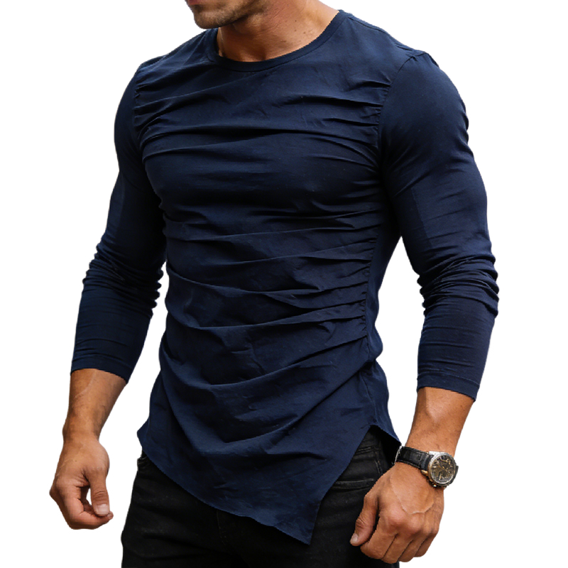 Men's Retro Casual Solid Color Pleated Crew Neck Long Sleeve T-shirt MTA2415L6TO