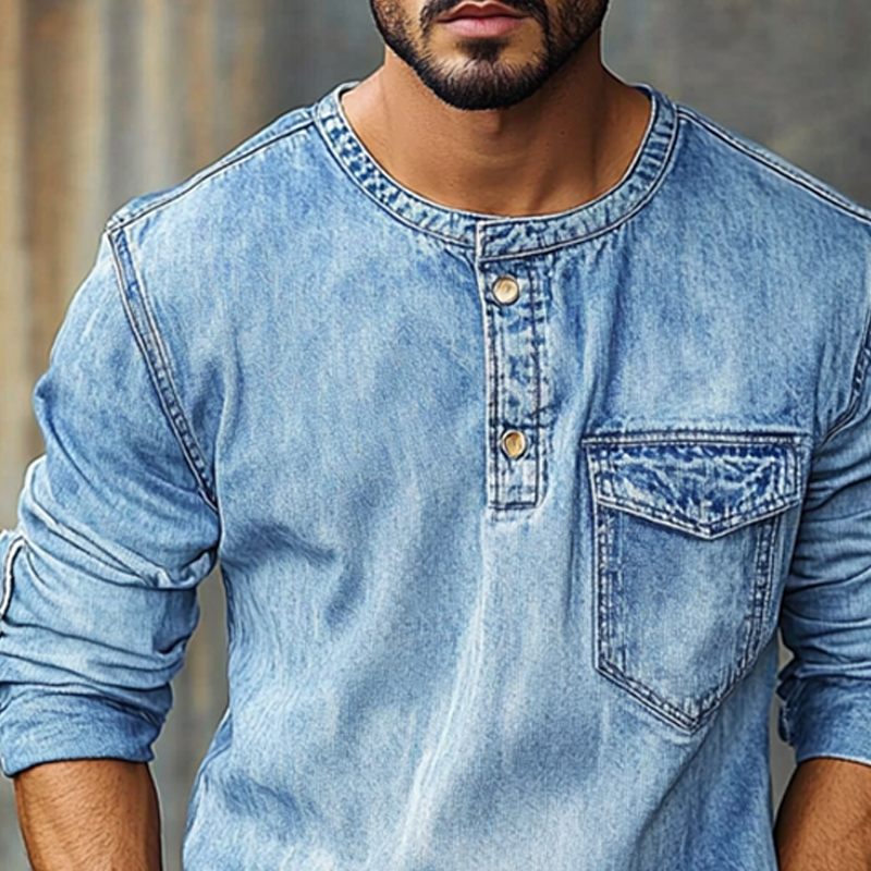 Men's Crew Neck Vintage Distressed Long Sleeve Denim Sweatshirt MTA2259G2X