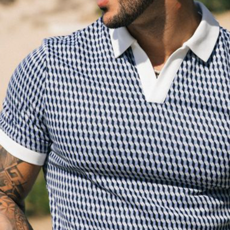 Men's Retro Casual Geometric Print Lapel Short Sleeve Polo Shirt MTA2719E9TO