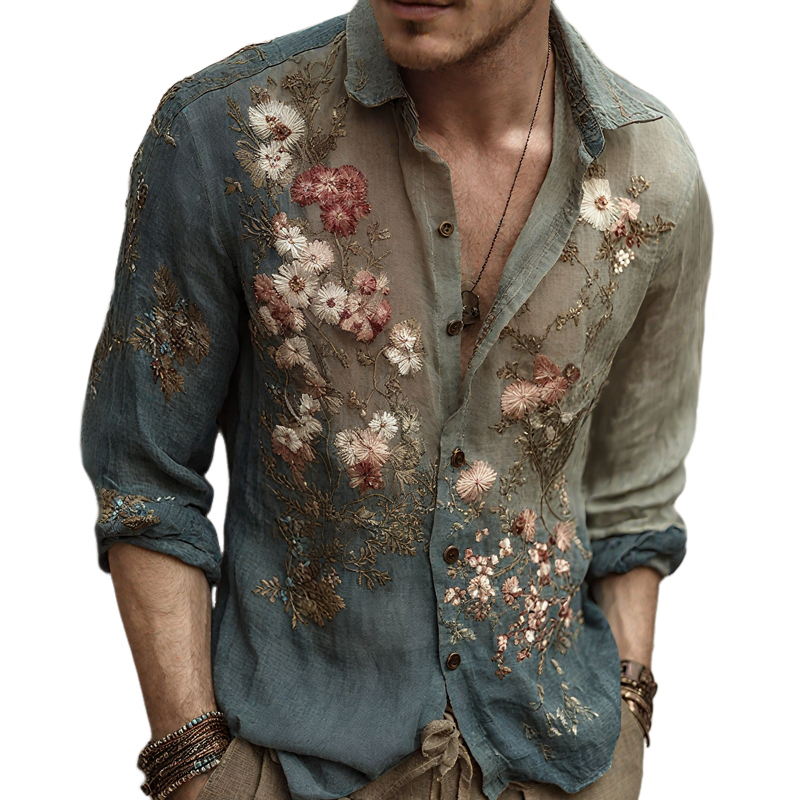 Men's Floral Embroidered Lapel Long Sleeve Cotton And Linen Shirt MTA3187G6Z