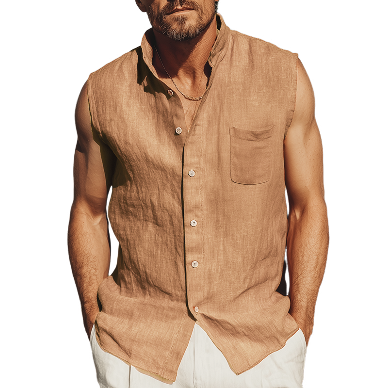 Men's Classic Casual Tencel Cotton Linen Stand Collar Sleeveless Shirt MTA0332G9K