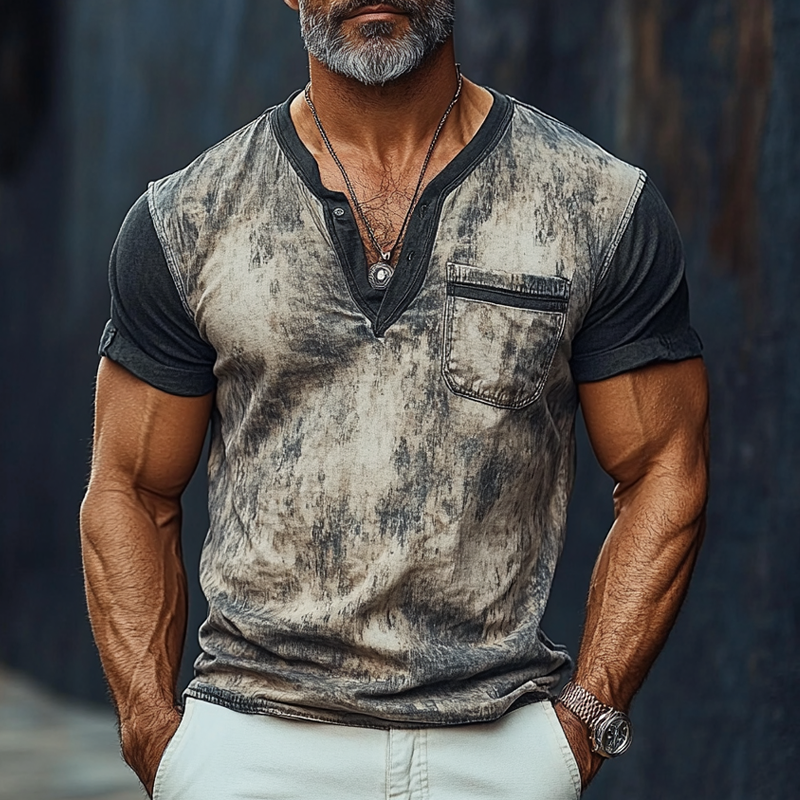 Herre Henley-T-skjorte med korte ermer og vintage-trykk i kontrastfarget MTA1010F4X