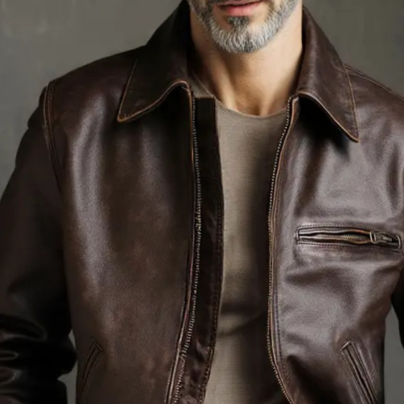 Men's Retro Casual Distressed PU Lapel Zip-Up Jacket MTA1277K5TO