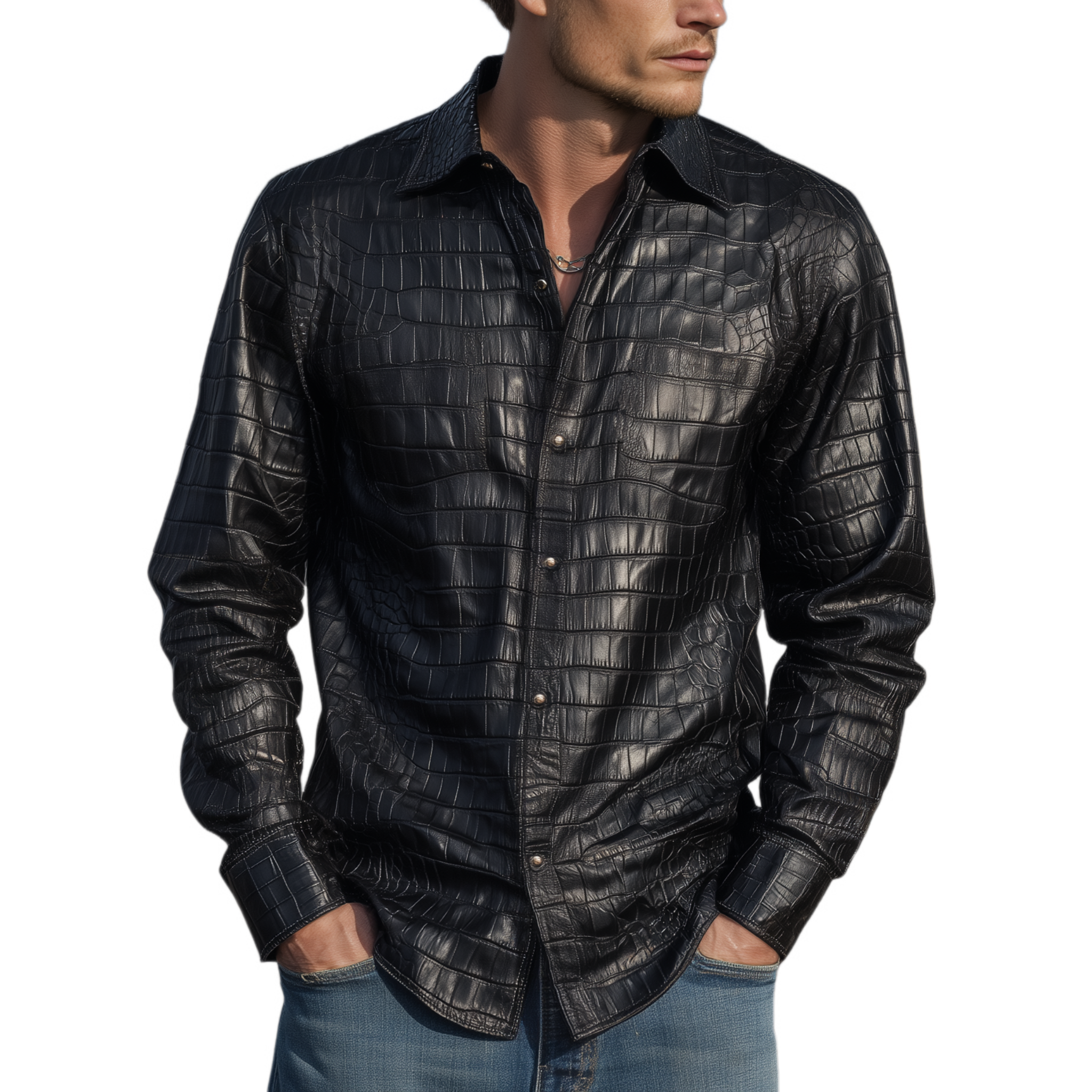Men's Retro Fashion Textured Leather Long Sleeve Shirt MTA0779H6K