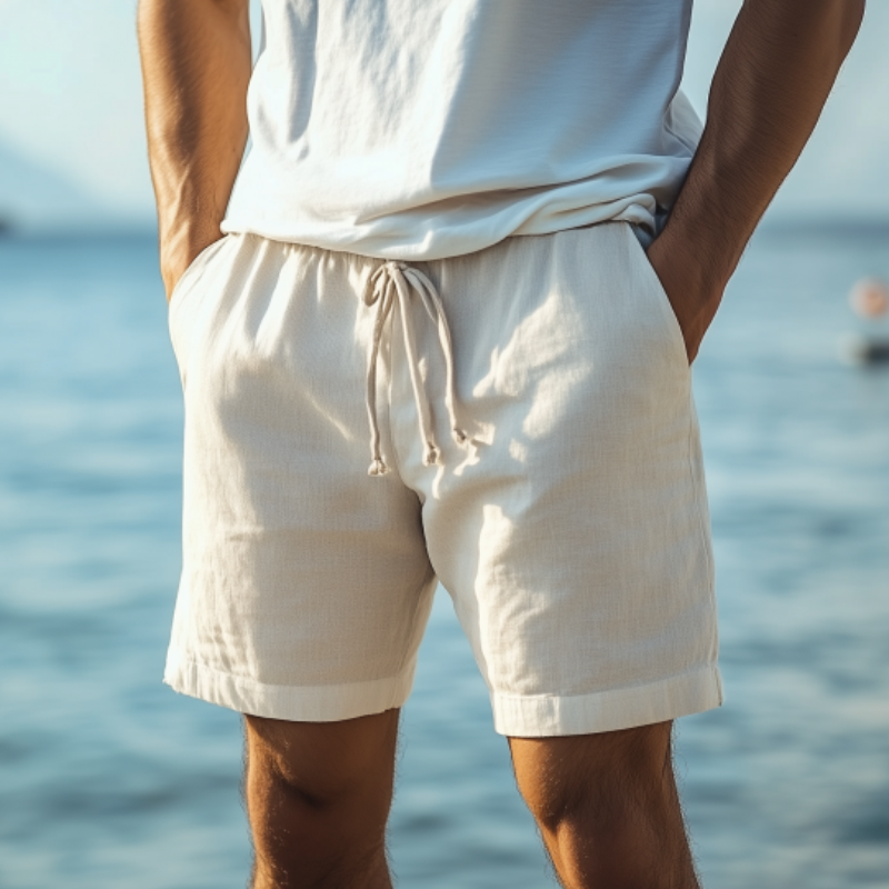 Strandshorts i bomull og lin for menn tilfeldig, elastisk midje 60932798K