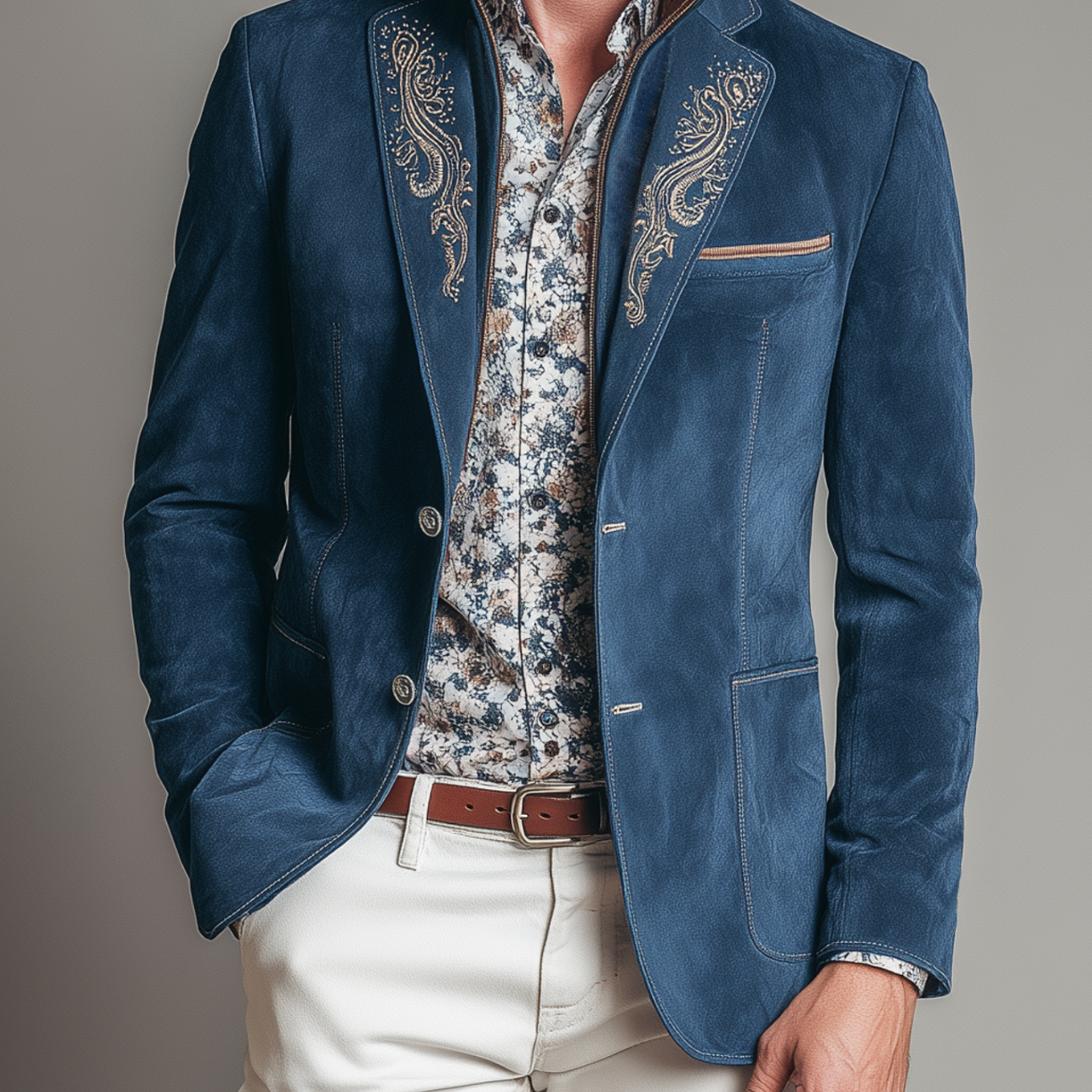 Men's Classic American Retro Embroidered Suede Patchwork Stand Collar Jacket Style Blazer MTA1851H0K