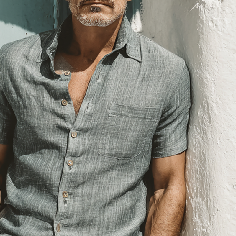 Men's Cotton And Linen Solid Color Short-Sleeved Shirt MTA0142G5X
