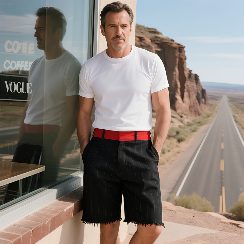 Men's Spring And Summer Casual American Western Style Contrast Color Cotton Blend Vertical Striped Raw Edge Shorts MTA1793F4K