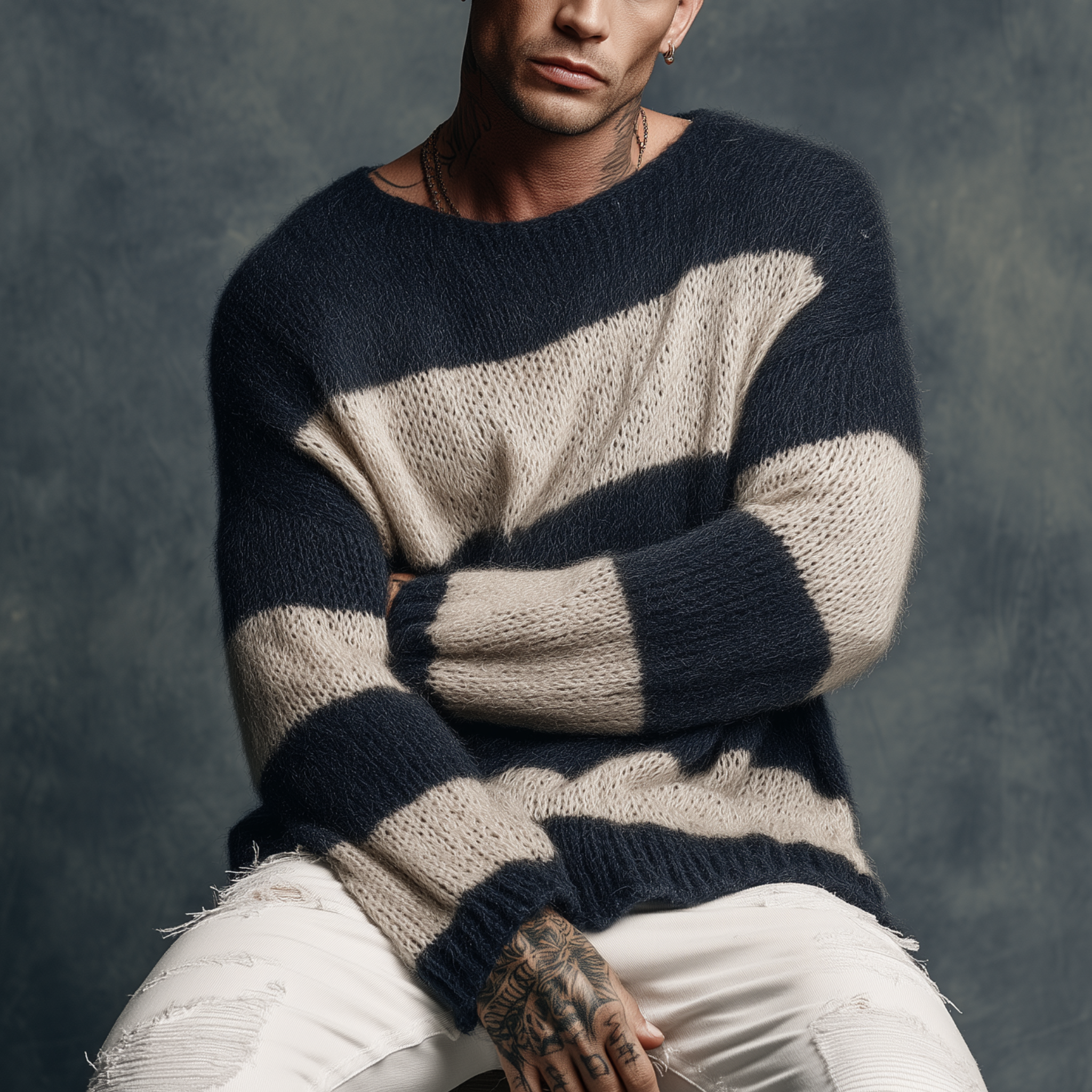 Men's Classic Casual Round Neck Contrast Color Horizontal Striped Long Sleeve Sweater MTA0885I8K