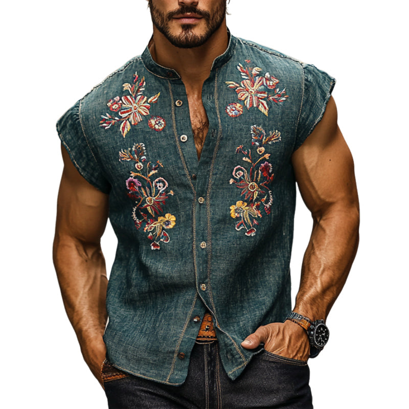 Men's Casual Cotton And Linen Embroidered Small Flying Sleeve Lapel Shirt MTA3048E7X