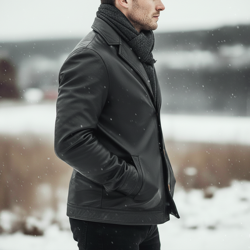 Men's Business Style Notched Lapel Button-up Black PU Leather Jacket MTA0162L2U