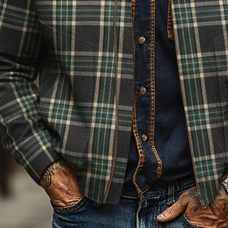 Men's Retro Brushed Plaid Lapel Zip-Up Jacket MTA2466K0X