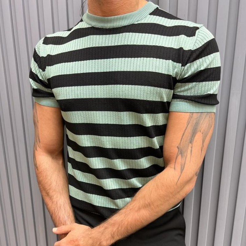 Men's Casual Contrast Color Striped Breathable Knitted Round Neck Short Sleeve Sweater T-Shirt MTA2556C4M