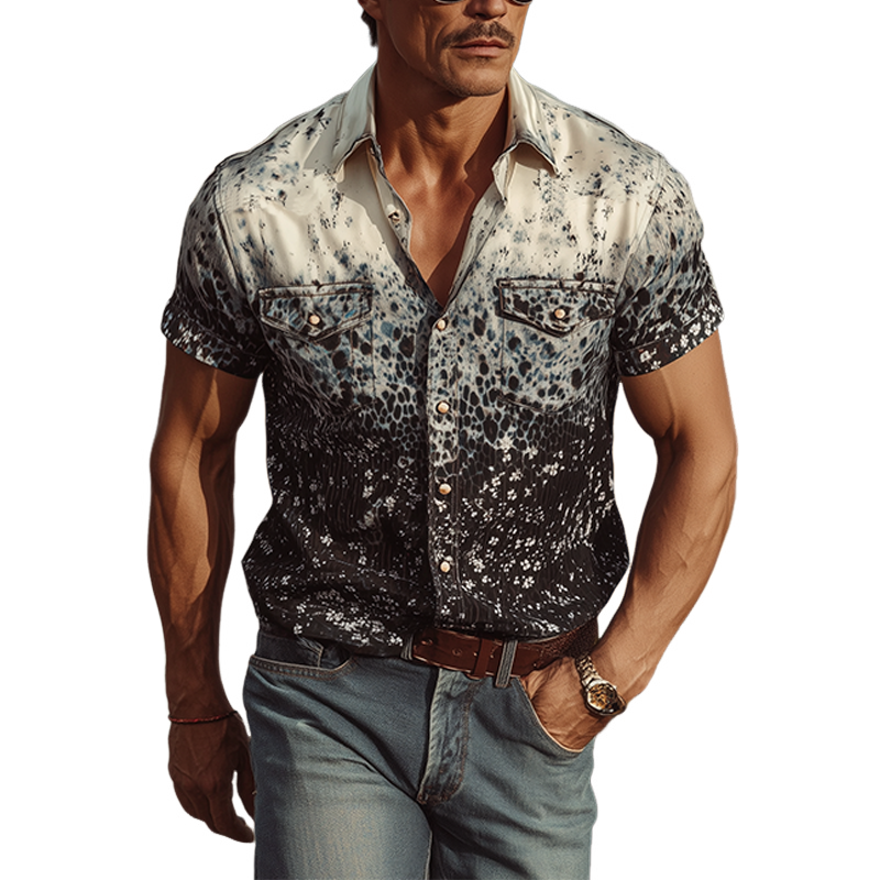 Men's Spring And Summer Fashion Casual Satin Art Gradient Print Slim Fit Short Sleeve Shirt MTA0804G7K