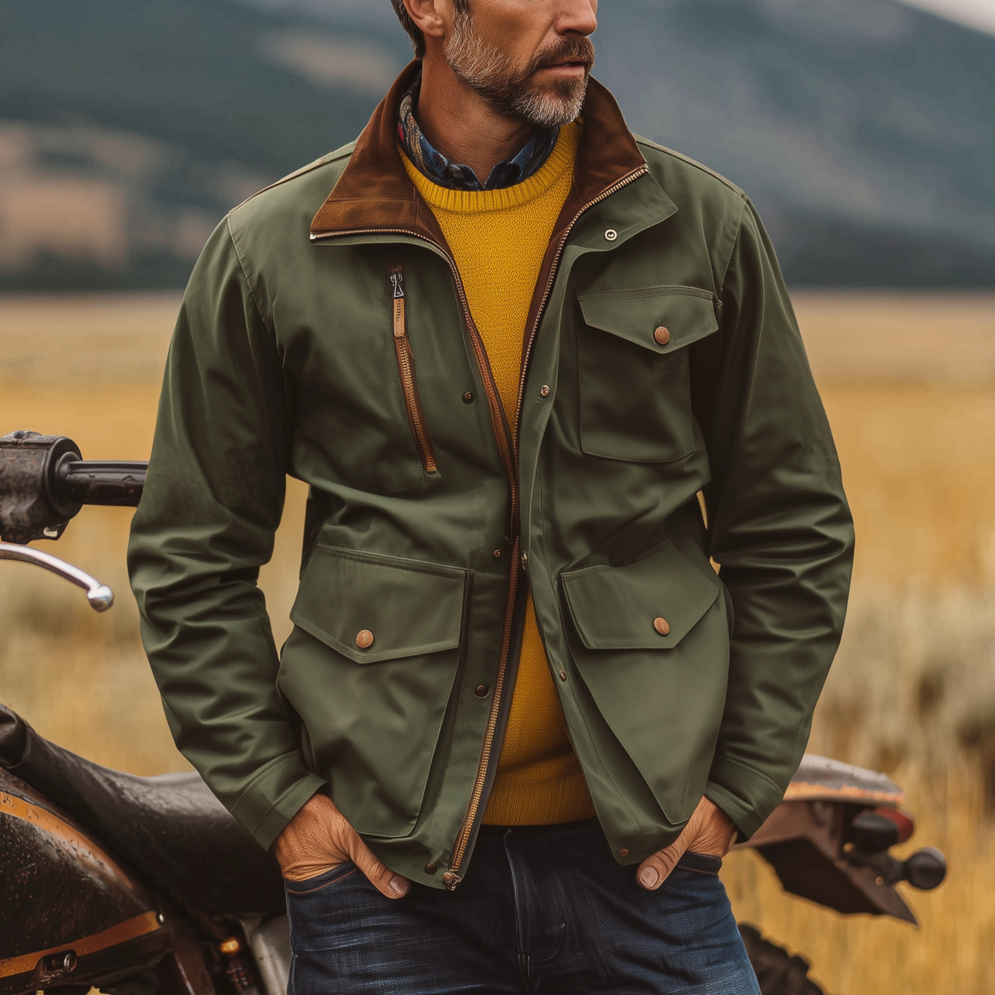 Men's Classic Western Vintage Suede Collar Multi-Pocket Zipper Cotton Blend Jacket MTA0565I3K