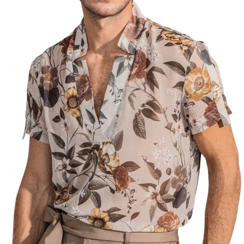 Men's Fashion Casual Retro Printed V-Neck Chiffon Short Sleeve Shirt 84369055K