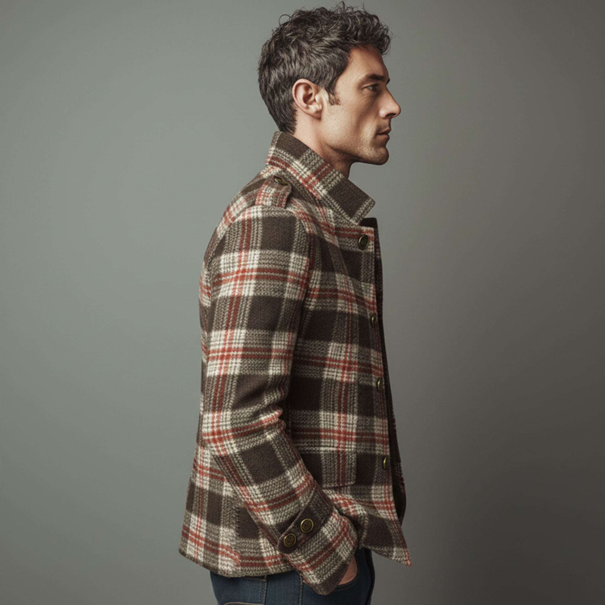 Men's Classic Retro Stand Collar Plaid Faux Woolen Slim Jacket MTA2982I9K