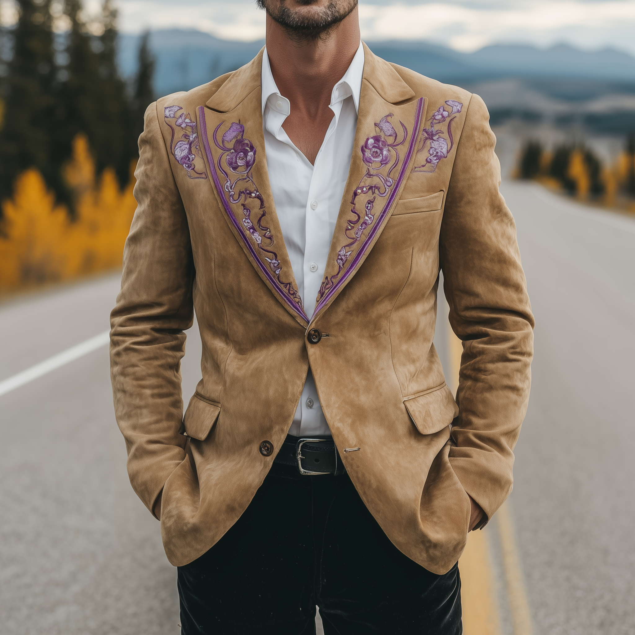 Men's Classic Retro Western Style Embroidered Suede Single-breasted Blazer MTA2870H8K