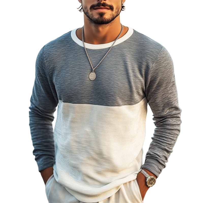 Men's Casual Colorblock Round Neck Textured Long-sleeved T-shirt MTA3058G8U