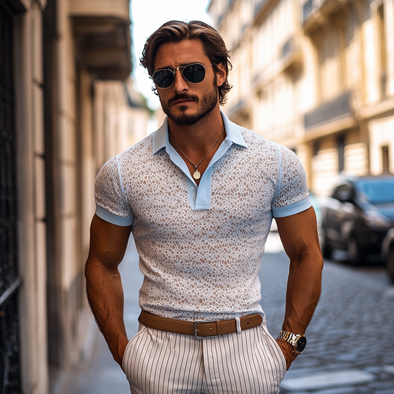 Men's Fashion Lace Lapel Short Sleeve Polo Shirt MTA1479E6Z