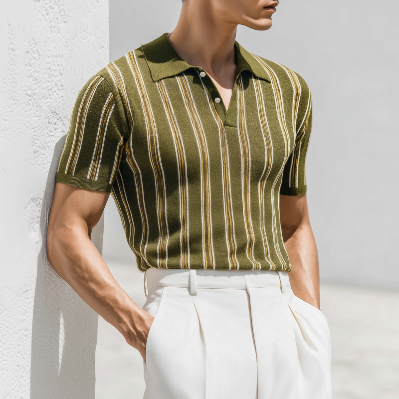 Men's Casual Breathable Contrast Striped Lapel Slim Knitted Short-sleeved Polo Shirt MTA2263G1M