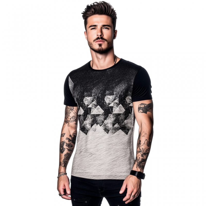 Men's Casual Contrast Gradient Geometric Print Round Neck Loose Short Sleeve T-shirt MTA1570E5M