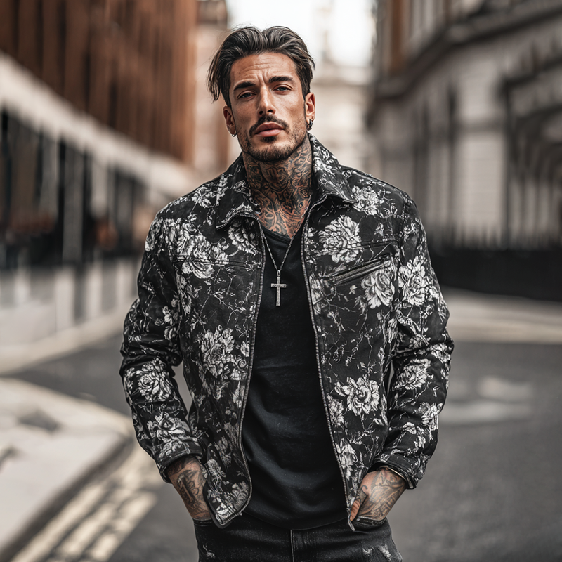 Men's Fashion Floral Print Lapel Chest Pocket Zipper Jacket MTA0125H2Z