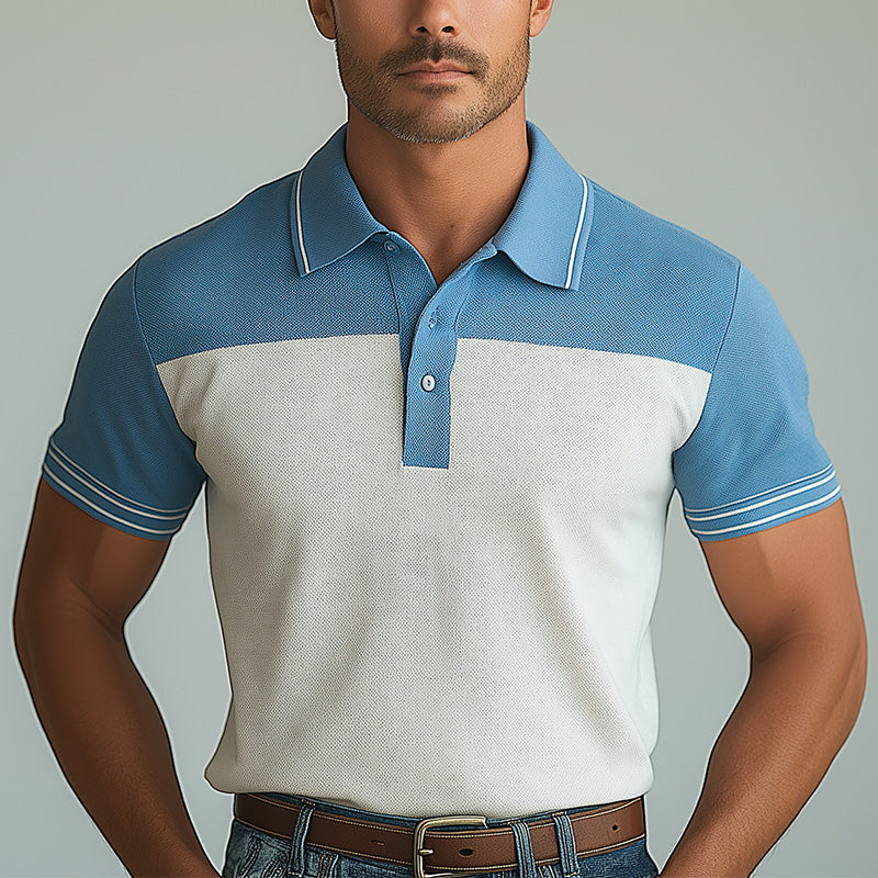 Men's Summer Fashion Cotton And Linen Patchwork Short Sleeve Polo Shirt MTA2176E6P
