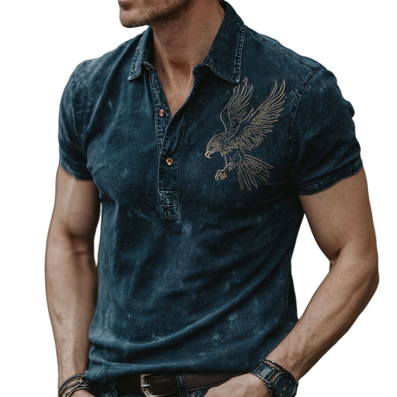 Herrepoloskjorte med broderte hvite bald eagle-motiver, korte ermer, MTA0477G7X